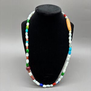 Vintage Boho 1970s Glass and Wood Bead Necklace Marbled Multicolor Artisan 24"